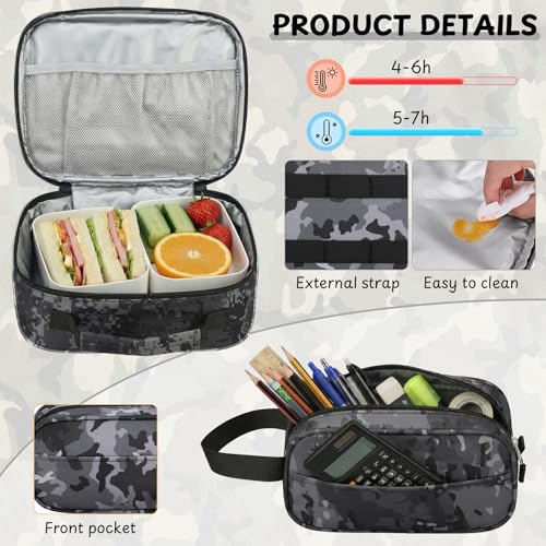 School Backpack for Boys - 5pcs Camo Boys Backpack with Lunch Box Set for Kids Teens Elementary Middle High School,18″ Large Capacity Students Bookbag - color: Black-backpack Set