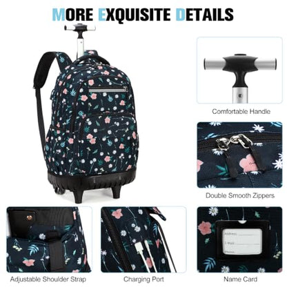ACESAK Rolling Backpack for Girls with Lunch Bag & Pencil Pouch - color: Black Floral