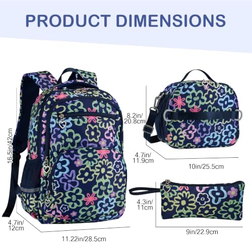 Rexmore Girls 3Pcs Backpack Set with Lunch Box & Pencil Case, Royal Blue - color: Royal Blue