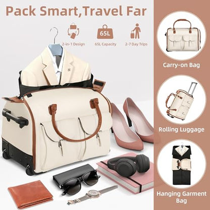 Garment Bags for Travel, 2-in-1 Convertible Rolling Duffle Bag with Wheels, Modern Carry-on Travel Bag for Suits, Foldable Suit Bag, Telescopic Handle, Hanging Hook - color: Beige