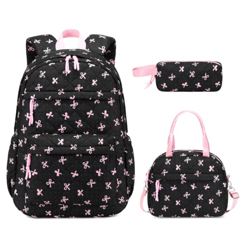 Quilted Backpack for Girls with Lunch Box Pencil Case - color: Black Bows