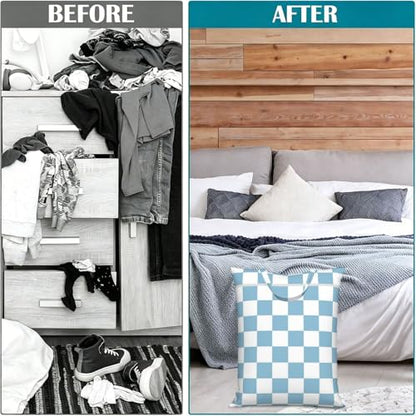 blue and white checkerboard plaid 2-Pack Travel Laundry Bags for Dirty Clothes- Large Waterproof Laundry Tote, Wet & Dry Use, Reusable Foldable Carry Handles for Vacation, Gym & Dorm - color: Blue And Whitecheckerboard Plaid