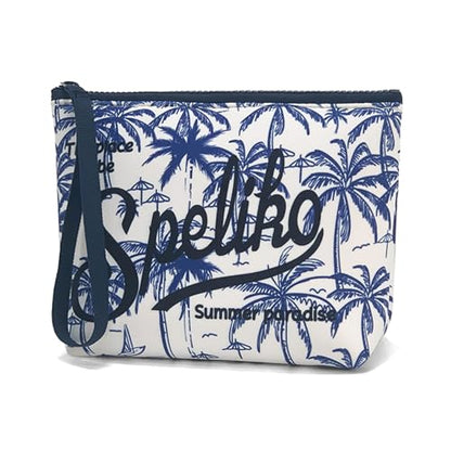 Makeup Bag with Wrist Strap, Waterproof Neoprene Cosmetic Pouch, Travel Toiletry Bag for Women, Compact for Purse - color: Indigo Palm Toile