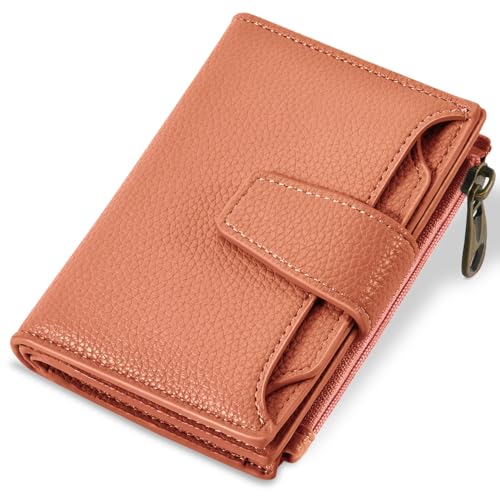 Airkit Small Wallet Women RFID Blocking Vegan Leather Bifold Compact Card Holder Wallet for Women with Zipper Coin Pocket 4 ID Window - color: Orange