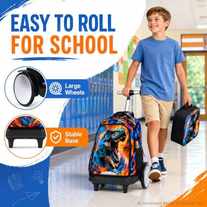 20 Inches Large Wheels Rolling Backpack for Boys with Detachable, 3Pcs Kids Fire Dinosaur Wheeled Backpack Set for Elementary School (Red) - color: Fire Dinosaur (Large Wheels)