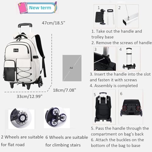 Rolling Backpack for Boys with Wheels Roller Laptop Bookbag for Kids - color: H 6 Wheels-light Grey