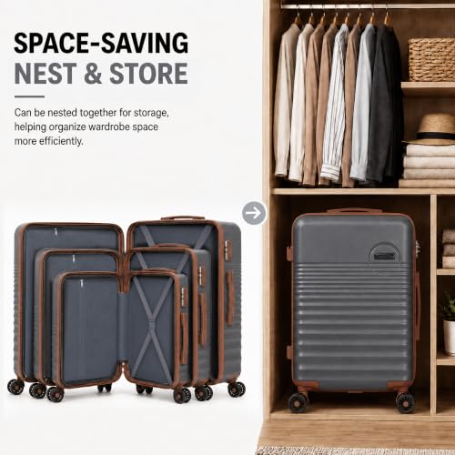 CONCEPTEN Luggage Sets 5 Piece, ABS+PC Hardshell Suitcases with Wheels - color: Grey, size: 5 Piece Sets (20/24/28/Db/Tb)
