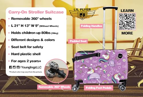 Younglingz LIL FLYER GO Version 2 Ride On Suitcase for Kids | Carry On Luggage with Toddler Seat, Foldable Handlebars, Pedals, and Removable Wheels | Holds up to 80 lbs | Glam | Ages 2-6 - color: Glam V2