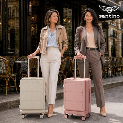 Santino Carry On Luggage 22x14x9 Airline Approved 20 Inch baggage pc Hard Shell Suitcase with Spinner Wheels TSA Lock with USB Port and Cup Holder and phone holder Top Opening Suitcase - color: beige
