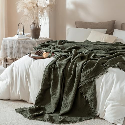 Muslin Fringe Blankets for Adults: 100% Cotton Cloud Soft - color: Olive Green, size: Twin XL (66" × 90")