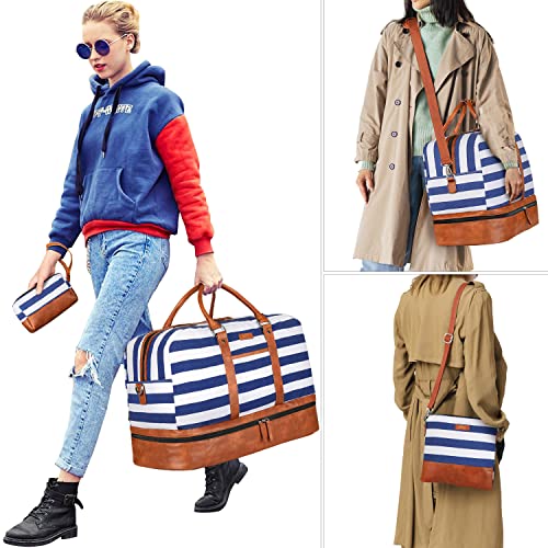 IBFUN Weekender Bags for Women, 3PCS Travel Set with Shoe Compartment 21.6 - color: A09-brown+blue & white stripes