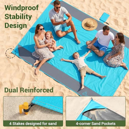 Wolfwise 78" × 108" XXL Beach Blanket, Waterproof & Sandproof Picnic Mat with 4 Sand Pockets & 4 Stakes, Windproof Outdoor Camping Beach Mat, Lightweight, Fits 6 People, Blue - color: Blue, size: 78" x 108"（6 Person)