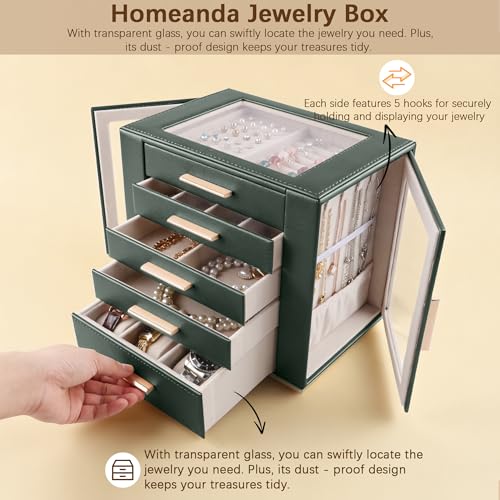 Homeanda Jewelry Boxes with Glass Lid, 5-Layer Large PU Leather, Green - color: Green, size: 5 Layer