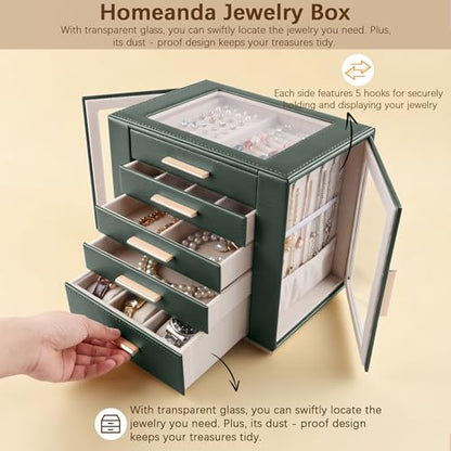 Homeanda Jewelry Boxes with Glass Lid, 5-Layer Large PU Leather, Green - color: Green, size: 5 Layer