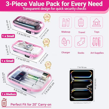 YQBRAO 3-Piece Clear Hard Shell Zipper Case Set, 1M 2S, Pink - color: Pink, size: MSS