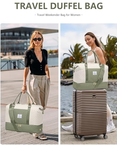 Travel Weekender Duffle Bag for Women: Overnight Bags with Shoe Compartment - color: Beige Green, size: Large