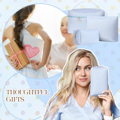 Huhumy 3Pieces Cute Seersucker Makeup Bag Set for Women, Light Blue, Stripe - color: Light Blue, style: Stripe