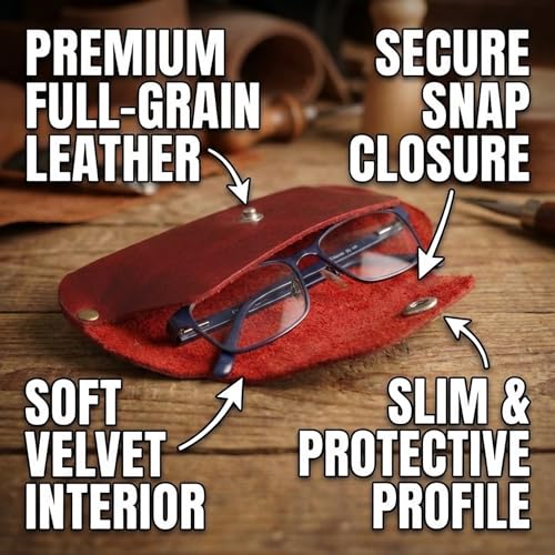 Toprank Slim Leather Glasses Case - Handmade Eyeglass & Sunglasses Holder - color: Red