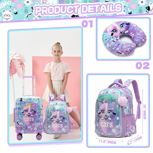 Kids Suitcase Set for Girls Hardside Luggage with Spinner Wheels 5 Piece 16inch Toddler Suitcase for Girls Travel Carry on Luggage Airline Approved - color: A Cat Purple