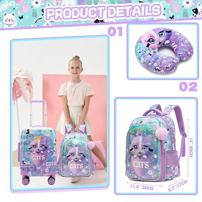 Kids Suitcase Set for Girls Hardside Luggage with Spinner Wheels 5 Piece 16inch Toddler Suitcase for Girls Travel Carry on Luggage Airline Approved - color: A Cat Purple