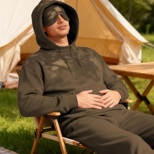 Ainangua Mens Oversized Pullover Essentials Hoodie with Eye Mask Built In Comfor Airplane Mode Travel Sleep Wearable Blanket - color: Brown, size: XX-Large
