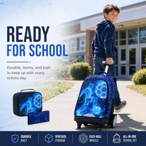 HPJGD Big-Wheel Rolling Backpack for Boys with Lunch Box & Pencil Case - 3-Pack Travel Set Featuring Tech-Style Soccer Player Design, Water-Resistant & Reflective Wheeled Bookbag for School/Trips - color: Cool Rolling Backpack Tech-style Soccer Player