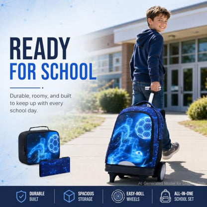 HPJGD Big-Wheel Rolling Backpack for Boys with Lunch Box & Pencil Case - 3-Pack Travel Set Featuring Tech-Style Soccer Player Design, Water-Resistant & Reflective Wheeled Bookbag for School/Trips - color: Cool Rolling Backpack Tech-style Soccer Player