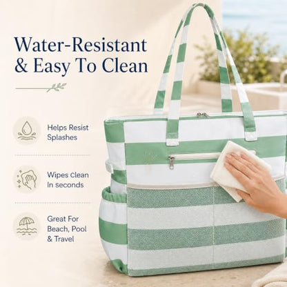 Bluboon Waterproof Beach Tote Pool Bags for Women Ladies Extra Large Carry On Bag With Wet Compartment for Weekender Travel - color: Green White Stripe 5cm