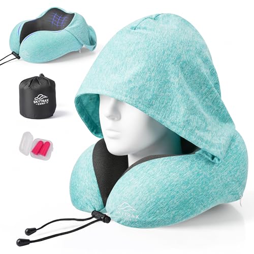 SkytraxComf® Travel Neck Pillow with Hood for Privacy on Long Flights - color: Mint Blue