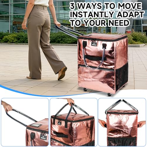 Large Reusable Grocery Bag On 5 Wheels, 130L Foldable Rolling Tote Bag - color: Rose Gold, size: Large
