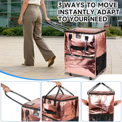 Large Reusable Grocery Bag On 5 Wheels, 130L Foldable Rolling Tote Bag - color: Rose Gold, size: Large