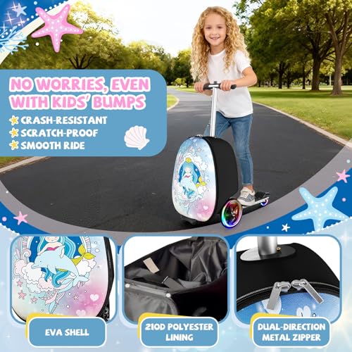 Baotree Scooter Suitcase for Kids, 2 in 1 Ride-on Luggage with Flash PU Wheels, Adjustable Handle & TPR Non-Slip Grip, Foldable & Lightweight, Ages 5-12 - color: Light Blue