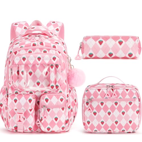 Fimibuke Kids Backpack for School Girls, Waterproof Backpack w/Lunch Box - color: B2.pink Strawberry Plaid