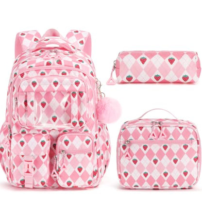 Fimibuke Kids Backpack for School Girls, Waterproof Backpack w/Lunch Box - color: B2.pink Strawberry Plaid