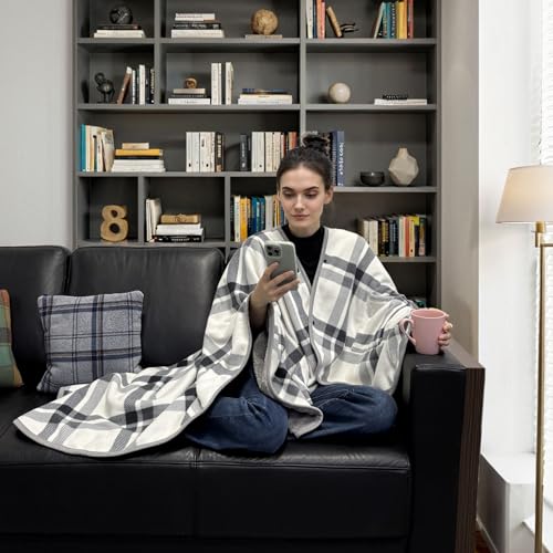 forestfish Fleece Wearable Blanket Poncho With Pockets & Buttons - color: Gray-white