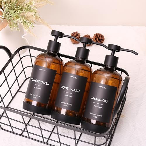 Shampoo and Conditioner Dispenser Set of 3 - color: Amber Bottles + Black Pumps