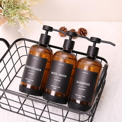 Shampoo and Conditioner Dispenser Set of 3 - color: Amber Bottles + Black Pumps