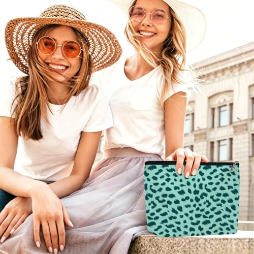 Watercolor Leopard Print Makeup Bag Cosmetic Bag, Portable Makeup Organizer - color: Mint Green Leopard Print 588