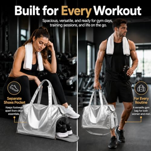 Gym Bag for Women Men, Expandable Travel Duffel Bag with Shoe Compartment - color: Silver