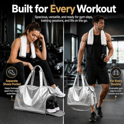 Gym Bag for Women Men, Expandable Travel Duffel Bag with Shoe Compartment - color: Silver
