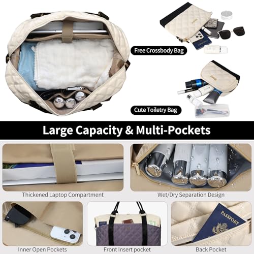 Weekender Bag, Large Travel Duffel Bag for Women, Carry on Overnight Bag with Shoe Compartment and Toiletry Bags - color: E-3PCS Beige Grey Black