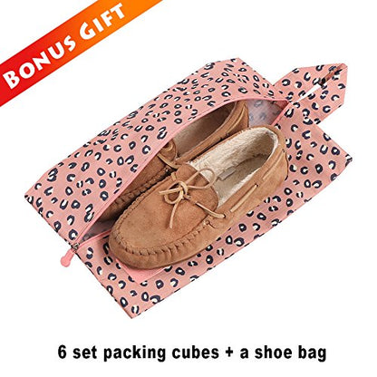 Mossio 7 Set Packing Cubes with Shoe Bag - Travel Carry On Luggage Organizer - color: Pink Leopard