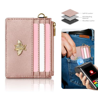 SEAVILIA Card Holder Keychain Wallet for Women with ID Window RFID Coin Purse Bee Gifts Slim Minimalist Small Wallet - color: Rose Gold
