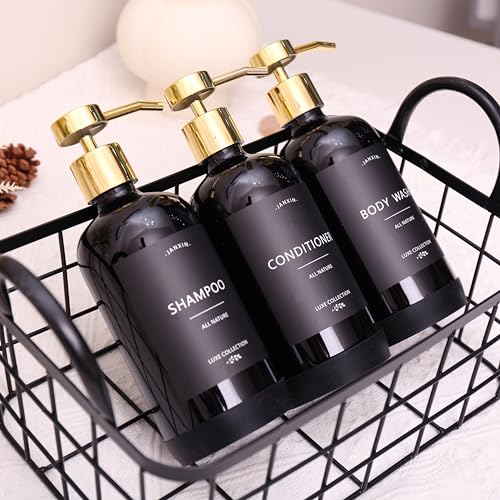Shampoo and Conditioner Dispenser Set of 3 - color: Black Bottles + Gold Pumps