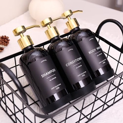 Shampoo and Conditioner Dispenser Set of 3 - color: Black Bottles + Gold Pumps