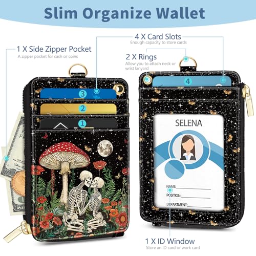 Skull Lanyard Wallet with Id Badge Holder Keychain for Card Women - color: Skeleton Mushroom