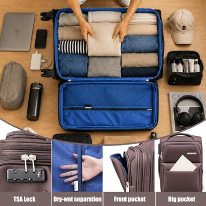 Softside Carry On Luggage Set & Spinner Wheel, Expandable Travel Suitcase - color: Coffee