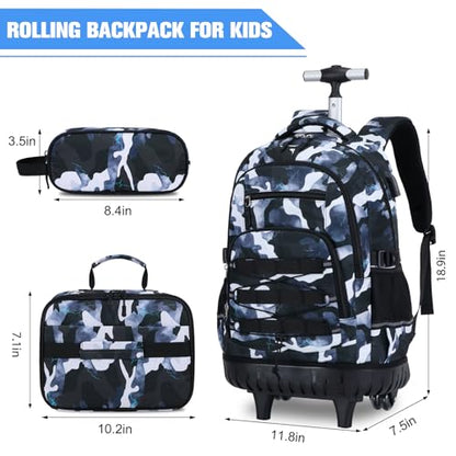 ACESAK 3PCS Camo Rolling Backpack for Boys with Lunch Box Pencil Case - color: Camo Lightning