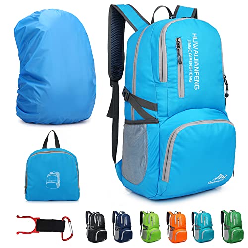Lywencom 30L Foldable Hiking Backpack Ultralight Waterproof Daypack(Blue) | Packable 10oz ultralight design saves luggage space. Waterproof & tear-resistant for day hikes, camping, and travel packing. - color: Blue