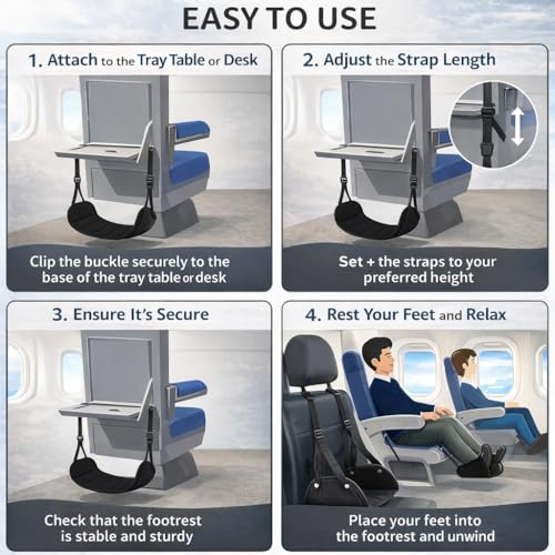 Airplane Foot Hammock 3-in-1 Travel Kit – Adjustable Memory Foam Foot Rest with Eye Mask & Ear Plugs for Long Flights, Office & Car